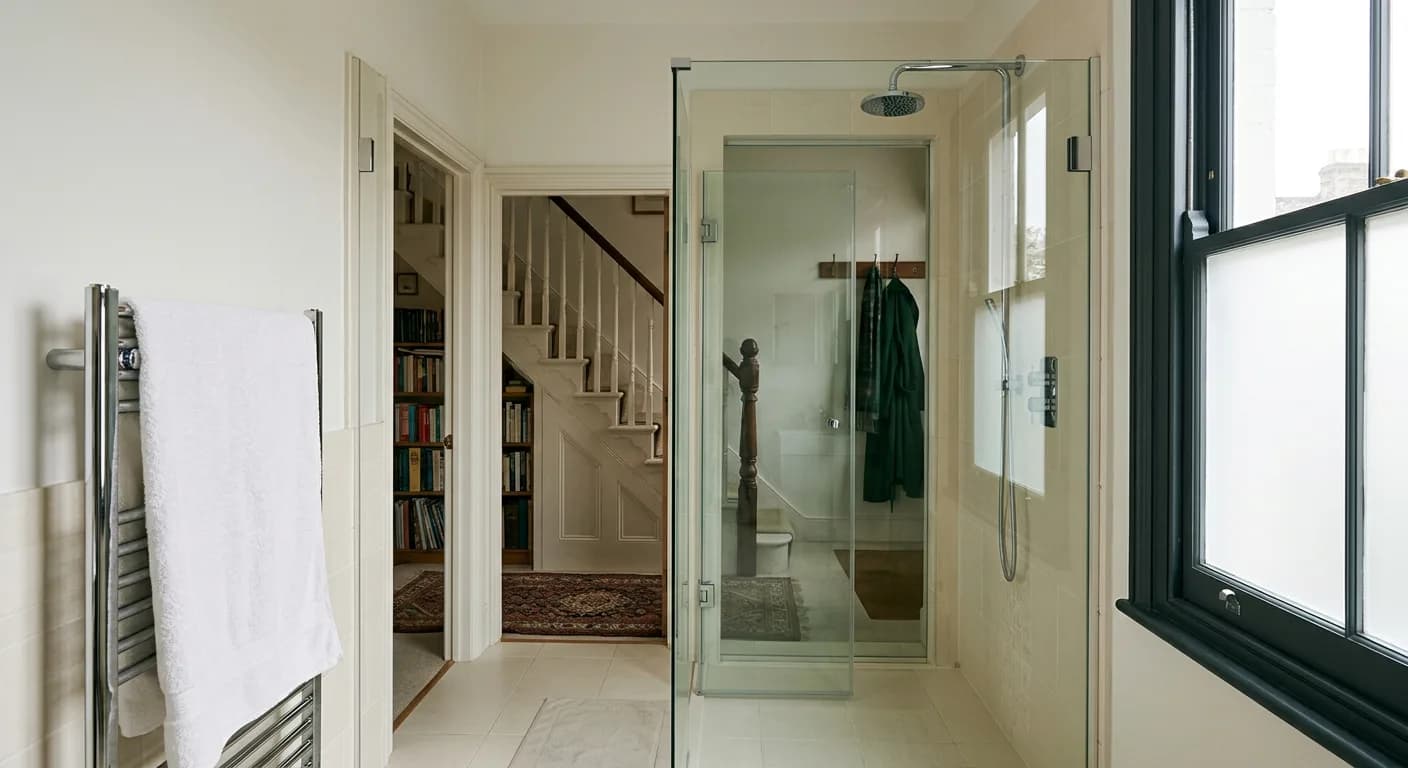 Frameless shower screen in a cream-tiled family bathroom