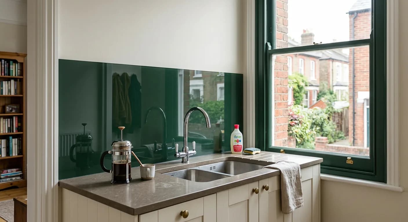 Deep forest green glass kitchen splashback behind a kitchen sink
